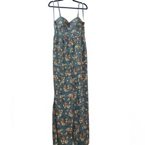 B.O.G. Collective sleeveless sweetheart bodice floral print on teal jumpsuit